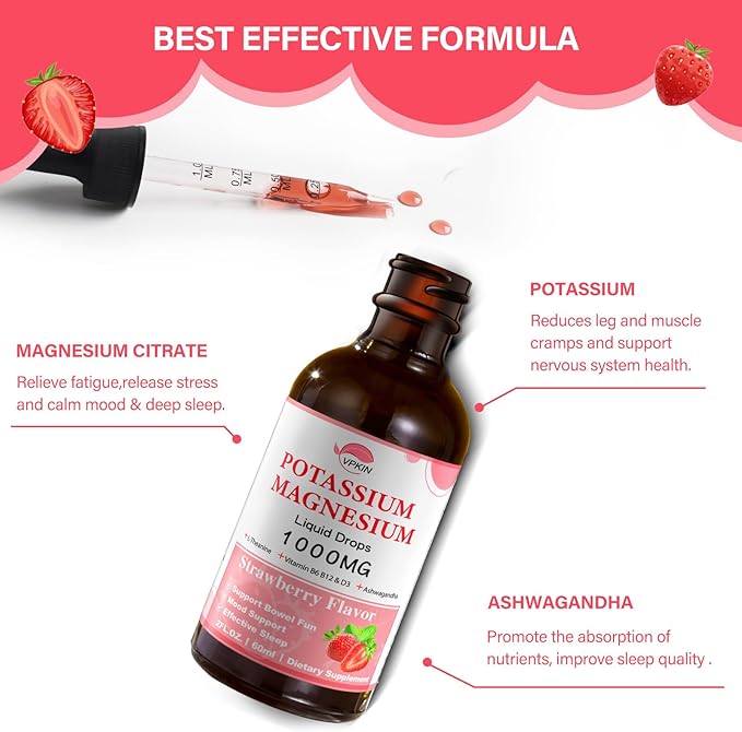 Potassium Magnesium Citrate Supplement,Magnesium Liquid Drops with Magnesium Glycinate 1000mg with Ashwagandha,Zinc,Support Clam & Support Immune System(Strawberry,2 FL.OZ.)