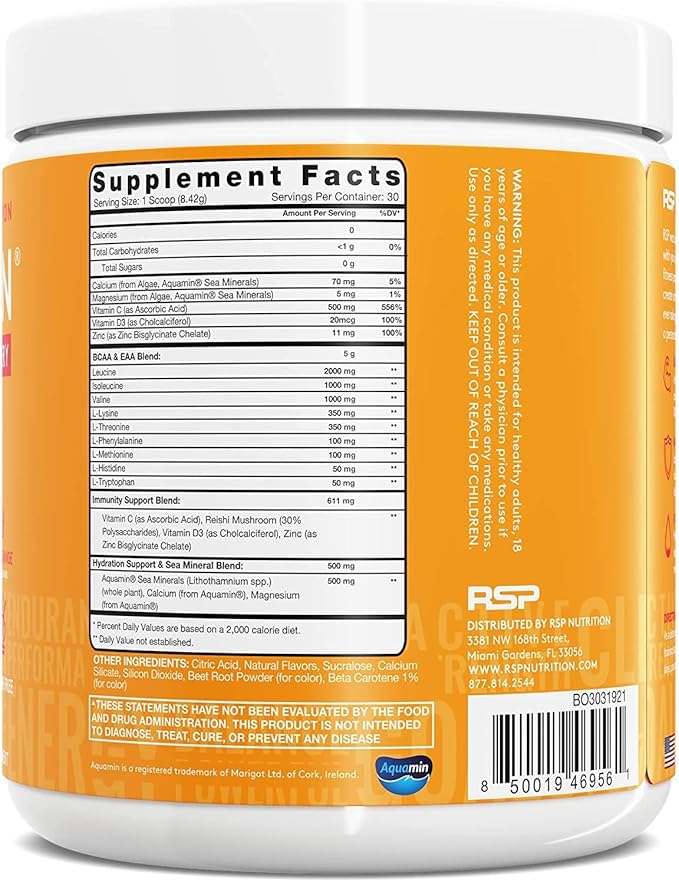 RSP AminoLean Recovery - Post Workout BCAAs Amino Acids Supplement + Electrolytes, BCAAs and EAAs for Hydration Boost, Immunity Support - Muscle Recovery Drink, Vegan Aminos, Blood Orange…