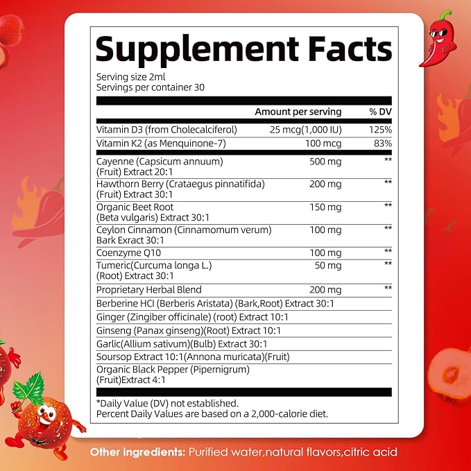 Cayenne Pepper Drops Supplement Liquid with Vitamin D3 K2, Hawthorn Berry, Organic Beet Root, Ceylon Cinnamon, Coenzyme Q10, Berberine, Ginseng Extract Supports Immune Health, 2 FL.OZ