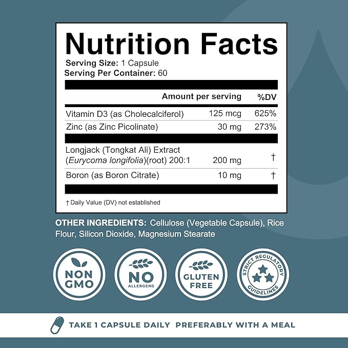 Boron Supplement For Men With Tongkat Ali - Vitamin D3, Zinc Picolinate 30mg, Longjack Tongkat Ali For Men - Boron Citrate 10mg For Men’s Health - Non GMO, Gluten Free, No Allergens - 60 Count