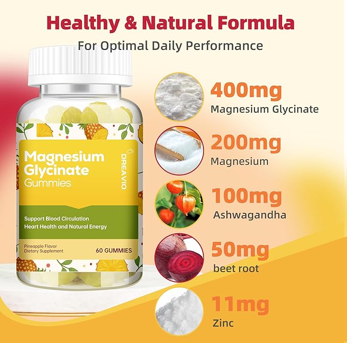 60 Count Magnesium Glycinate Gummies 400mg w/Ashwagandha Supplement - Sugar Free Zinc Magnesium Glycinate Supplement Ashwagandha Gummies for Adults Pineapple Gummies