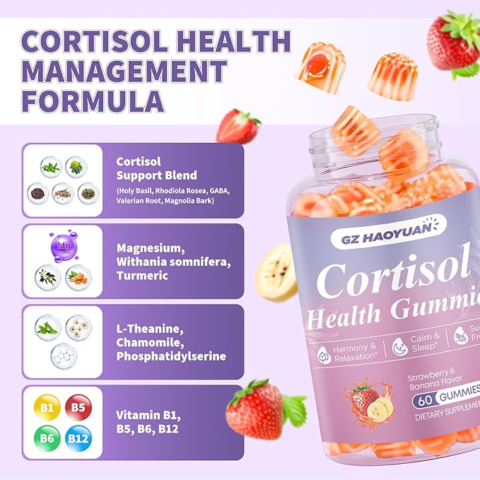 Cortisol Supplements for Women & Men - Cortisol Gummies with Magnesium Glycinate, Ashwagandha, L-Theanine, Vitamin B Complex for Relaxation, Sleep, Calm Mood & Focus - Vegan, Sugar Free Filled Gummies