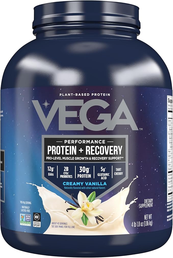 Vega Sport Vegan Protein Powder + Recovery - 30g Plant Based Protein per Serving, Vanilla, 45 Servings, 5g BCAAs, Probiotics, NSF Certified, For Shakes & Smoothies, 4.1lbs (Packaging May Vary)