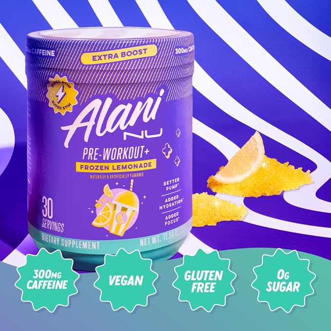 Alani Nu Pre Workout+ Powder Frozen Lemonade, Extra Boost, Sugar Free, 300mg Caffeine, L-Theanine, Beta-Alanine, Citrulline, 30 Servings