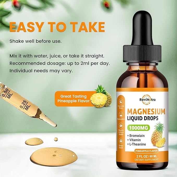 Magnesium Glycinate Liquid Drops, 1000mg of Liquid Magnesium Complex Supplement for Sleep, Nerve, Energy, Muscle, Bone, Calm & Digestion, High Absorption, 2 Fl Oz, Sugar-Free Pineapple Flavor