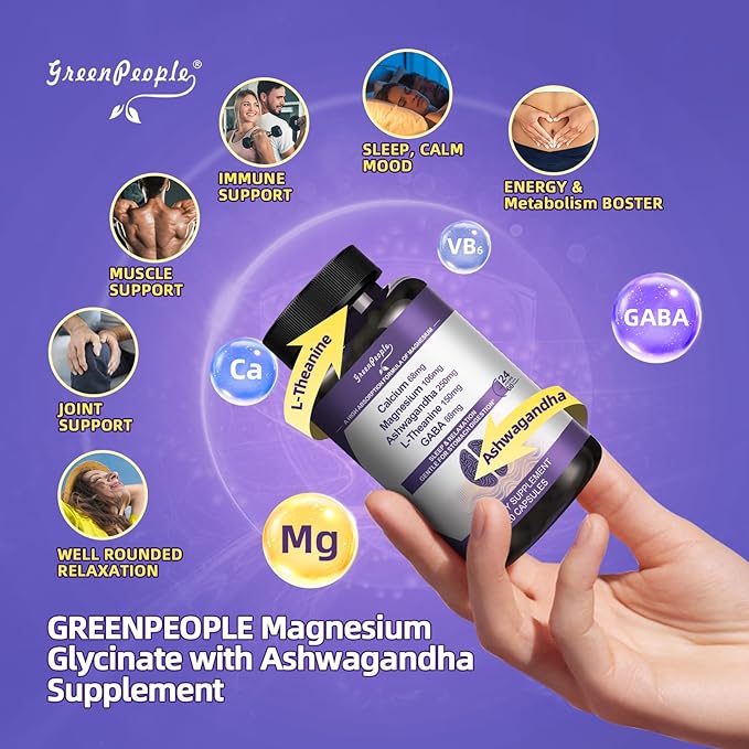 Magnesium Glycinate & Ashwagandha Supplement Capsules - Sugar Free Magnesium Capsules with L-Theanine 150mg/GABA 88mg/Calcium 68mg 120 CT