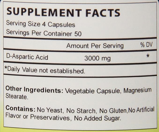 D-Aspartic Acid Dietary Supplement, 3000 mg., 200 Count