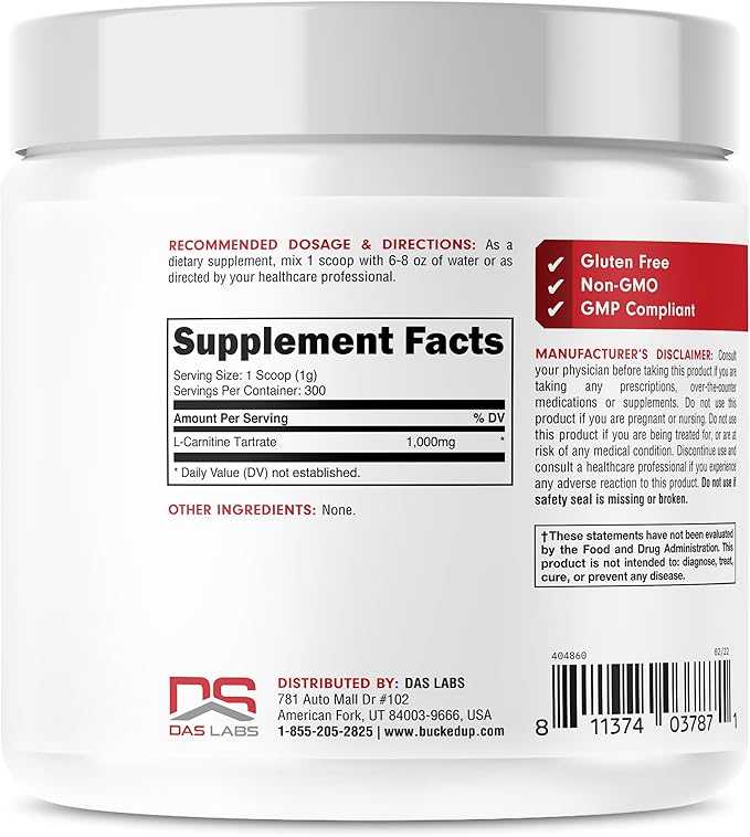 Bucked Up L-Carnitine Tartrate 1000mg Powder, Essentials (300 Servings)