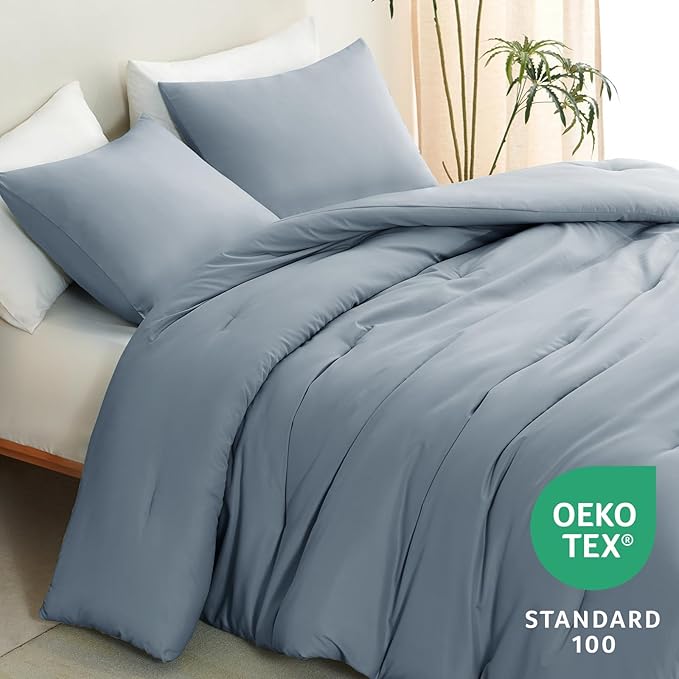 CozyLux Grayish Blue Comforter Set King Size, 3 Pieces Solid Breathable Quilted Boho Style Bedding Sets, Luxury Fluffy Soft Microfiber Comforter for All Season(1 Comforter & 2 Pillowcases)