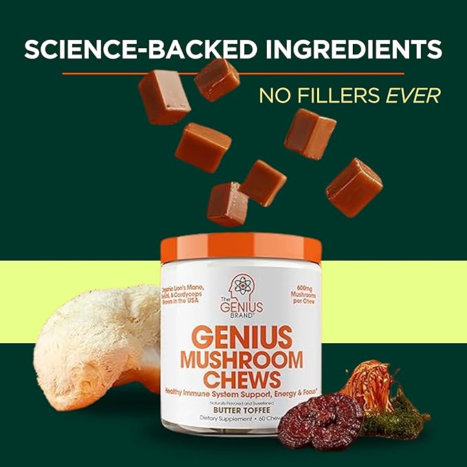 Genius Lion's Mane Soft Chews Supplement – Nootropic Mushroom for Focus, Clarity, Memory, Energy, Brain Health Support – Salted Caramel Flavor