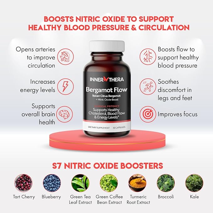 Bergamot Flow Italian Citrus Bergamot + S7 Nitric Oxide, Bergamot Supplement for High Cholesterol - Increase Blood Flow, Circulation & Energy Levels - Made with Patented Italian Bergamonte Extract