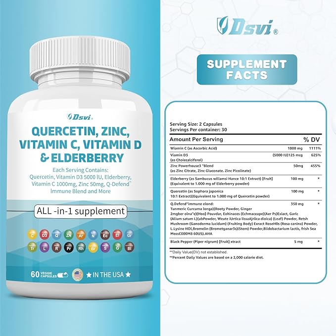 Quercetin 1000mg Zinc 50mg Vitamin C 1000mg Vitamin D 5000IU Immune System Support Supplement with Echinacea Ginger Bromelain Sea Moss Garlic Nettle Vegan Capsules for Men and Women,60 Count USA