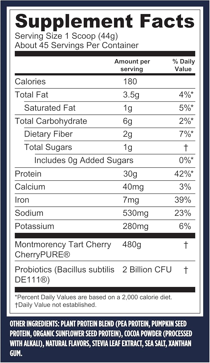 Vega Sport Vegan Protein Powder + Recovery - 30g Plant Based Protein per Serving, Chocolate, 45 Servings, 5g BCAAs, Probiotics, NSF Certified, For Shakes & Smoothies, 4.4lbs (Packaging May Vary)