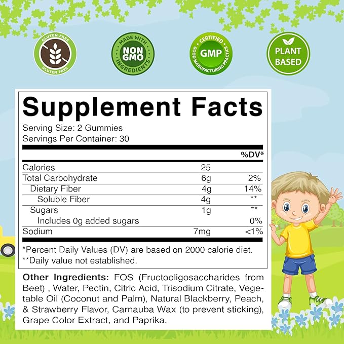 Vitamatic Kids Prebiotic Fiber Gummies – Extra Strength 4g Fiber – Zero Sugar Added – 60 Pectin-Based Gummies – Digestive Health & Regularity Support