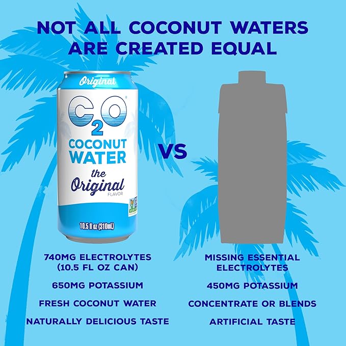 C2O - Coconut Water, The Original Flavor (24 Pack, 3 Boxes of 8) - Made with Fresh Coconut Water - Plant Based, Non GMO Canned Water - Natural Hydration, Electrolytes & Potassium - 24 Cans, 10.5 FL OZ