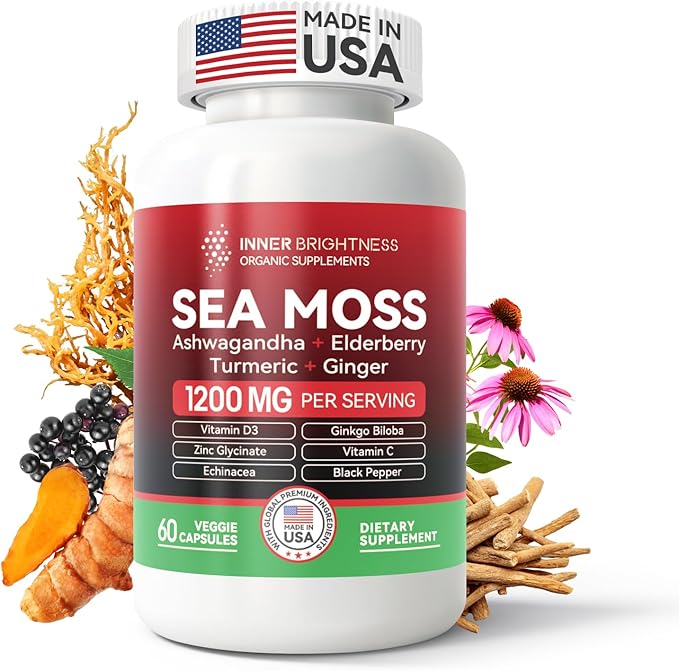 All-in-1 Irish Sea Moss Pills with Ashwagandha, Ginkgo Biloba, Turmeric & Vitamin C for Energy, Focus & Immune Support - 60ct Sea Moss Pills