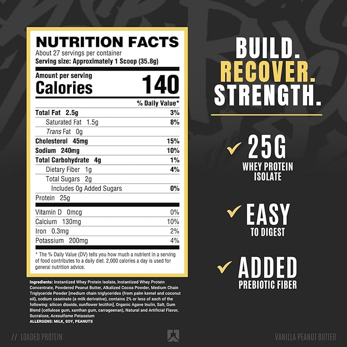 Ryse Loaded Protein Powder - Vanilla Peanut Butter - 25g Whey Protein Isolate & Concentrate with Prebiotic Fiber & MCTs - Low Carb, Low Sugar, Digestive-Friendly - 27 Servings / 2 lb Tub