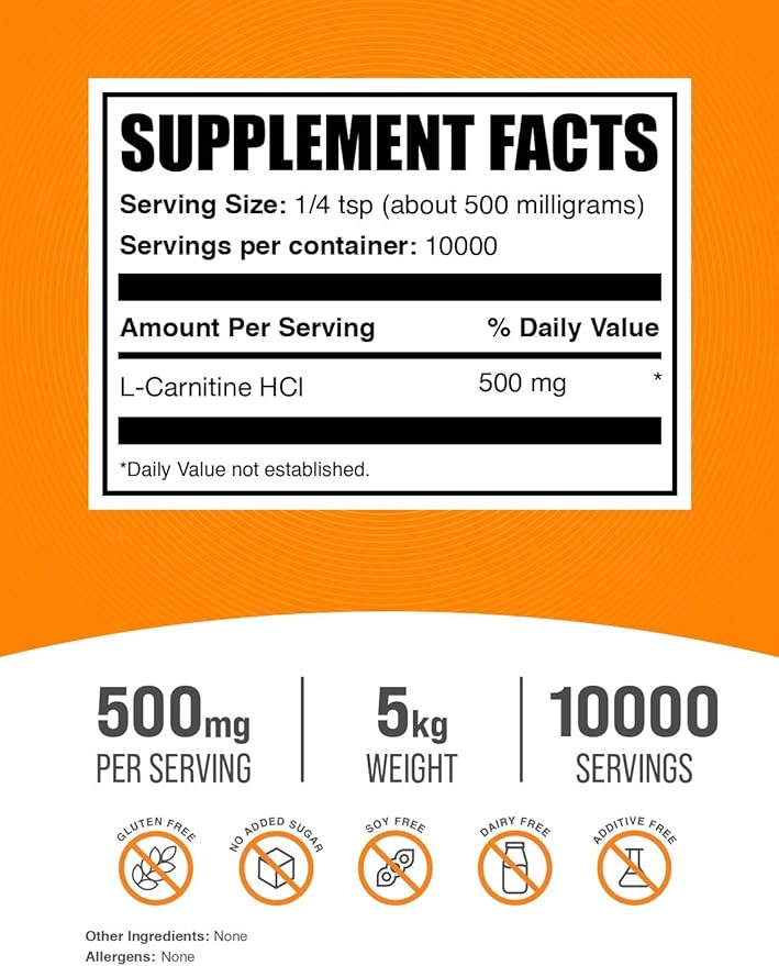 BulkSupplements.com L-Carnitine HCl Powder - Carnitine Supplement, Carnitine Powder, L-Carnitine 500mg - Unflavored & Gluten Free, 500mg per Serving, 5kg (11 lbs) (Pack of 5)