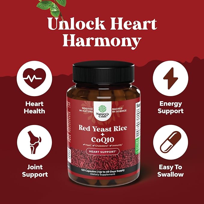 Natures Craft Red Yeast Rice with CoQ10 Supplement - Advanced Healthy Heart Formula for Men & Women - Extra Strength Capsule with 1200 mg per Serving - Vegan & Non-GMO - 120 Count