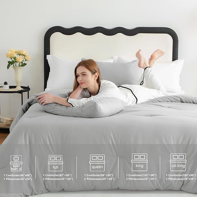 CozyLux Light Grey Comforter Set King Size, 3 Pieces Solid Breathable Quilted Style Bedding Sets, Light Gray Luxury Fluffy Bed Set Soft Microfiber Comforter All Season (1 Comforter & 2 Pillowcases)