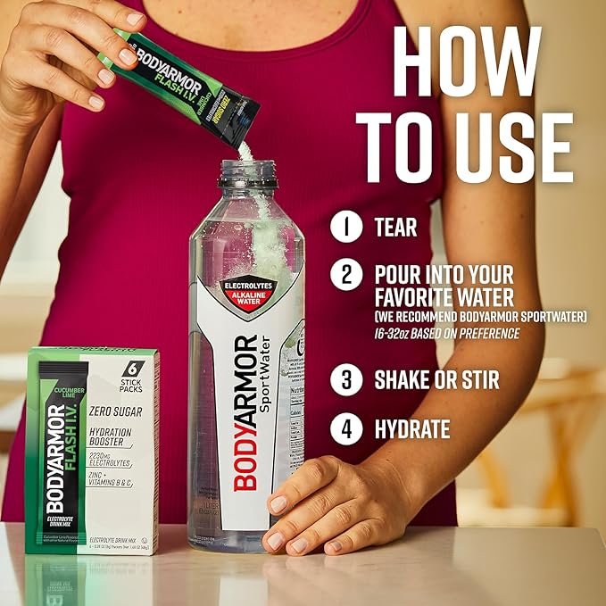 BODYARMOR Flash IV Electrolyte Packets, Cucumber Lime - Zero Sugar Drink Mix, Single Serve Packs, Coconut Water Powder, Hydration for Workout, Travel Essentials, Just Add Sticks to Liquid (15 Count)