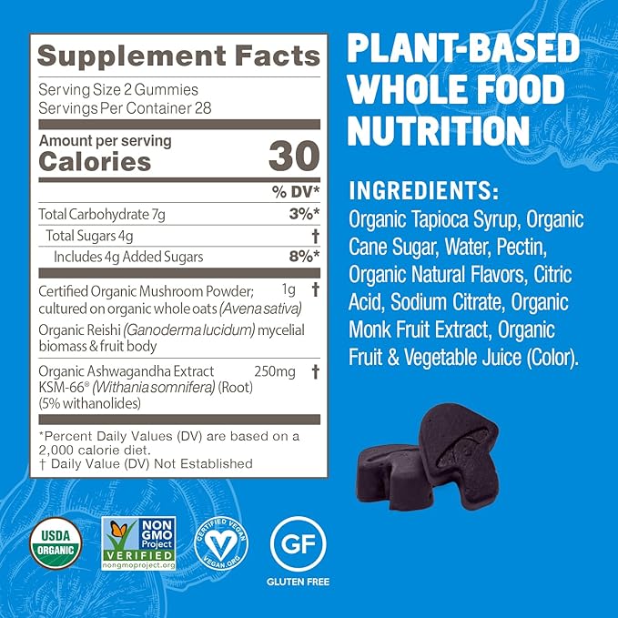 OM Mushroom Superfood Relax Gummies, 28 Servings, Blueberry Gummy Supplement with Reishi and Ashwagandha for Stress Relief