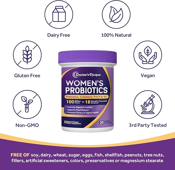 Doctor's Recipes Probiotics for Women, 100 Billion CFU, 18 Probiotic Strains, Prebiotics, Cranberry, P-5-P & VC, Vaginal, Digestive, Mood, Urinary Tract Health, Shelf-Stable, 30 Vegan Caps