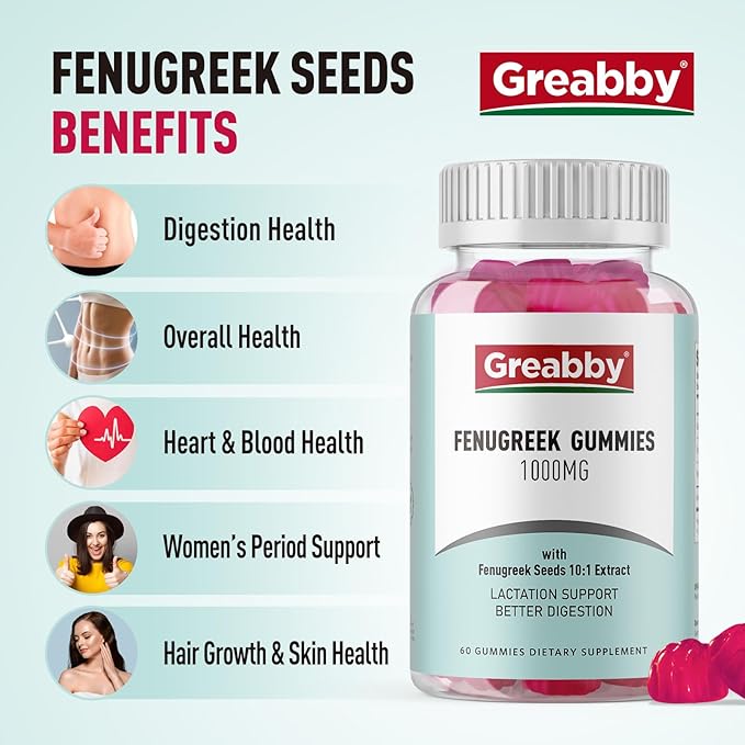 Fenugreek Gummies 1000mg, Pure Organic Fenugreek Seeds Supplement, Healthy Lactation Support, Non-GMO (60 Vegan Gummies)