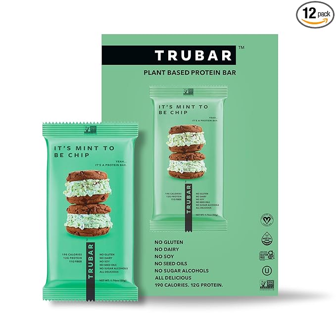 TRUBAR Vegan Protein Bar, It’s Mint to Be Chip, Gluten Free, Plant Based High Fiber, Dairy Free, Low Fat, Non GMO, No Sugar Alcohols, 12G Lean Protein, 13G Fiber, Healthy Snack Bars, 12 CT