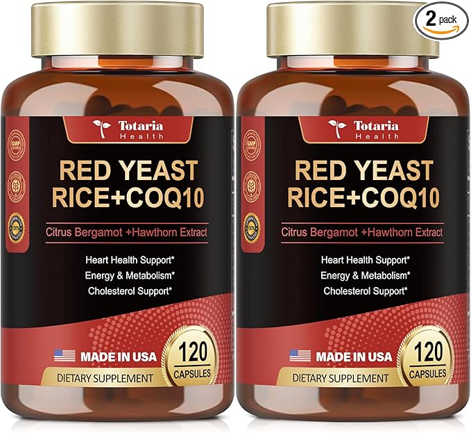 (2 Packs) Red Yeast Rice with CoQ10 Supplement - Max Strength Red Yeast Rice 2,000 mg Capsules with CoQ10 100mg Plus Citrus Bergamot - Niacin-Free, Cholesterol & Energy Supplement 3rd-Party Tested