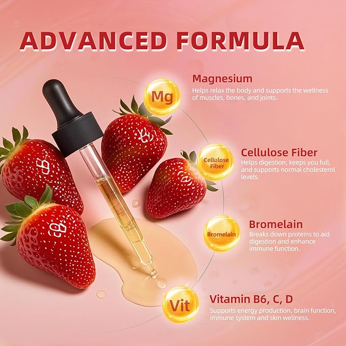 Magnesium Glycinate Liquid Drops, Magnesium Liquid Supplement with Cellulose Fiber, Bromelain, Vitamin C, D, B6, Zinc for Night, Muscle & Energy Support, Strawberry Flavor, 1 Fl Oz (Pack of 2)