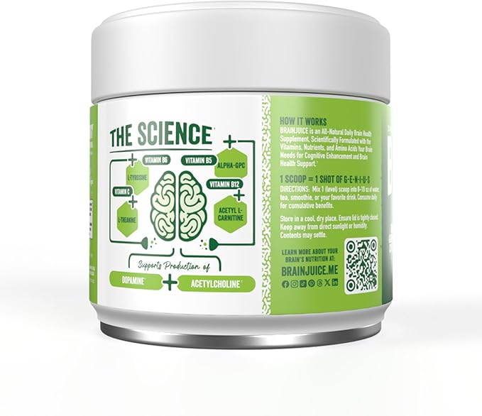 BrainJuice Nootropics Brain Support Supplement, Gluten Free Powder for Energy and Focus, Drink Mix with L Theanine, Alpha GPC, Vitamin B, Organic Green Tea Extract Caffeine, Classic, 15 Servings