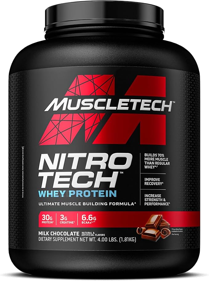 Muscletech Whey Protein Powder (Milk Chocolate, 4 Pound) - Nitro-Tech Ultimate Muscle Building Formula with Whey Protein Isolate & Peptides - 30g of Protein, 3g of Creatine & 6.8g of BCAA