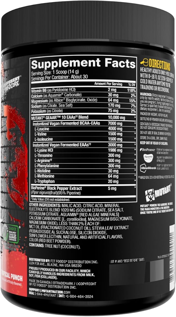 Mutant GEAAR - 9.4g of EAA Powder + Arginine, 7g BCAAs, 4g Leucine, Electrolytes, Coconut Water, 30 Servings - Fruit Punch