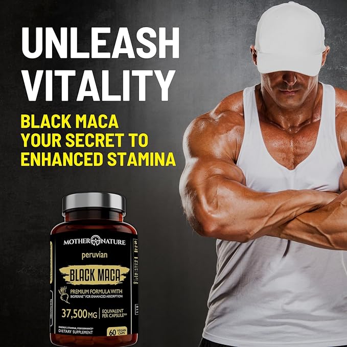Mother Nature 37,500mg 50x Strength Organic High-Potency Peruvian Black Maca Root Capsules for Men 100% Pure Maca Peruana 50:1 Extract to Boost Stamina, Enegy, Muscle Gain - 60ct