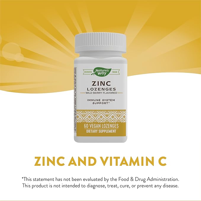 Nature's Way Zinc Lozenges with Vitamin C & Echinacea, Immune Support*, Wild Berry Flavored, 60 Lozenges (Pack of 2)