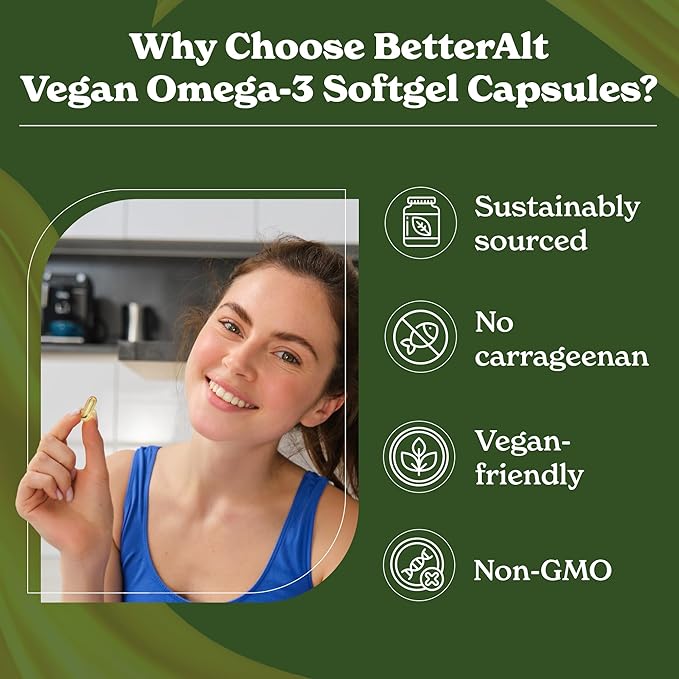 Vegan Omega-3 Softgel Capsules | Algae Oil (1000 mg) | 501 mg DHA | 6 mg EPA | Helps Promote Brain Health | 1-Month Dietary Supplement