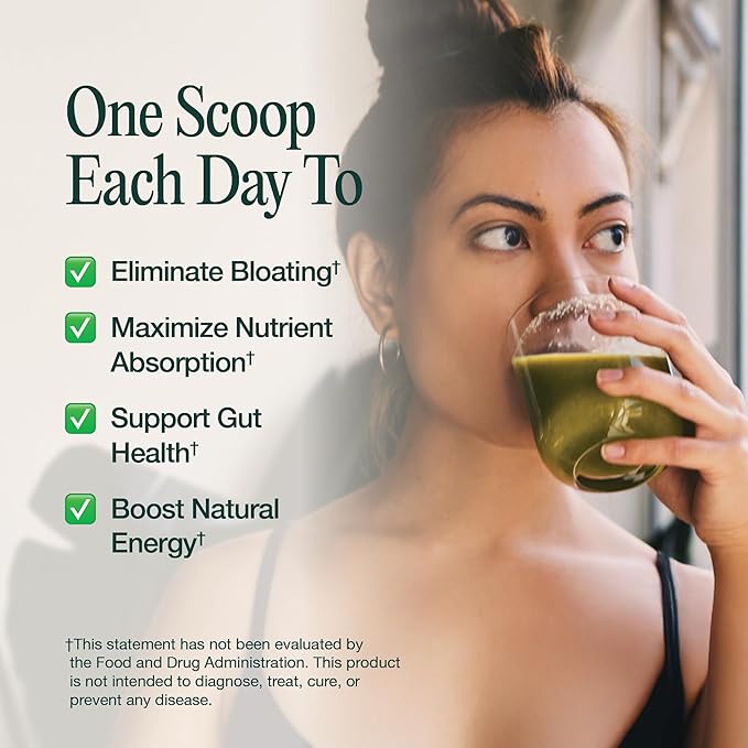 Gut & Superfood Blend, Greens Powder with Prebiotics, Probiotics, Fiber & Natural Caffeine, Gluten Free, Sugar Free, Dairy Free, Vegan Non GMO Greens Superfood Powder, 30 Srvgs