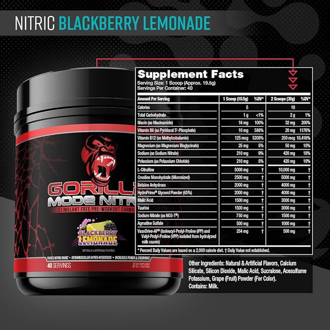 Gorilla Mode Nitric Upgraded Stimulant Free Pre-Workout – Best Tasting and Most Effective Stimulant Free Pre-Workout/Massive Pumps · Vasodilation · Power / 780 Grams (BlackBerry Lemonade)