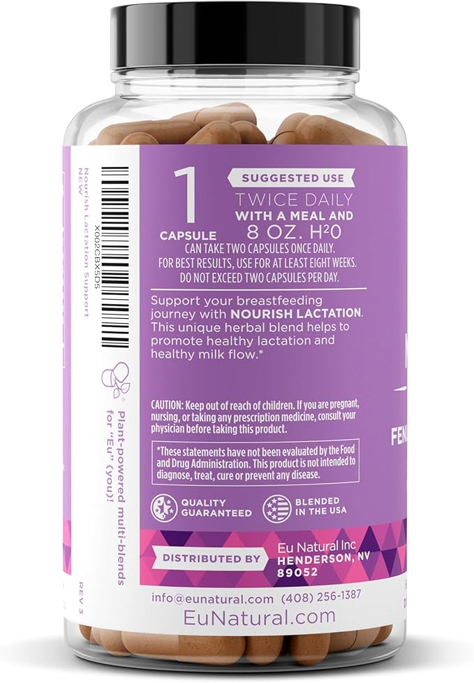 Eu Natural Nourish Lactation Supplement - Postpartum Support for Healthy Milk Flow & Production - Fenugreek Capsules for Women with Milk Thistle, Fennel Seed & Organic Moringa, 60 Vegan Soft Capsules