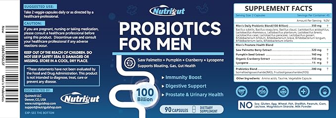 Probiotics for Men, 100 Billion CFUs with Prebiotics, Saw Palmetto Berry, Pumpkin Seed, Cranberry & Lycopene for Prostate Urinary Health, Mens Probiotic for Digestive & Immune Health 90 Capsules