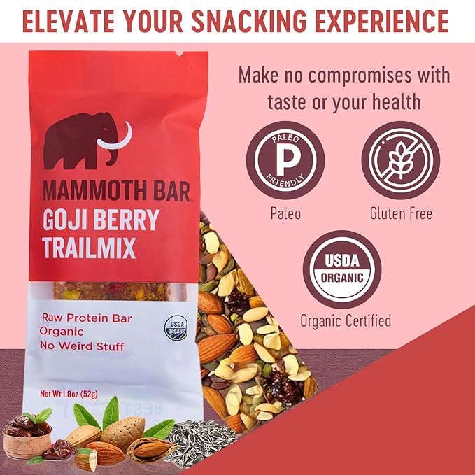 Mammoth Bar Goji Berry Trail Mix - 10 Organic Protein Bars – Prebiotic • Paleo • Gluten Free • Egg Protein • GMO Free • Raw • Premium Nuts