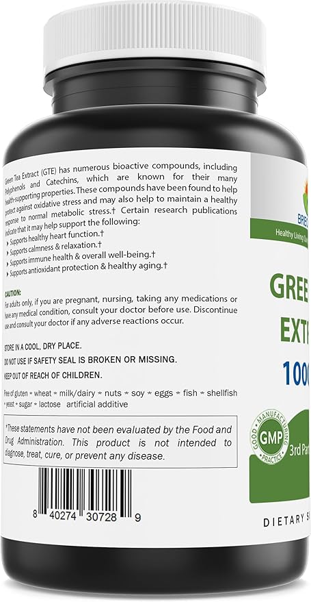Brieofood Green Tea Extract 1000 mg per Serving (Min 50% Polyphenols) - 250 Capsules - 3rd Party Lab Tested for Purity & Quality