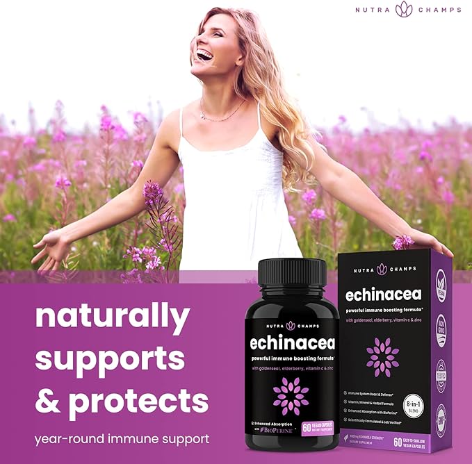 NutraChamps Echinacea Capsules 1000mg - 8-in-1 Immune Support Supplement - Echinacea Goldenseal, Vitamin C, Zinc, Ginger, Elderberry - 60 Capsules