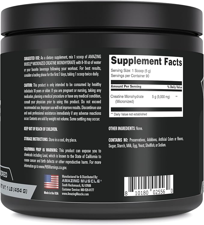 Micronized Creatine Monohydrate | 90 Servings | 5000 Mg per Serving | 1 Lb (454 Grams) | Ideal Pre & Post Workout Supplement | Unflavored (1 Pack)