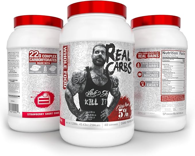 5% Nutrition Rich Piana Real Carbs with Real Food Complex Carb Powder, Long-Lasting Low Glycemic Energy for Pre-Workout/Post-Workout Recovery Meal, 2.84 lb, 40 Servings (Strawberry Shortcake)