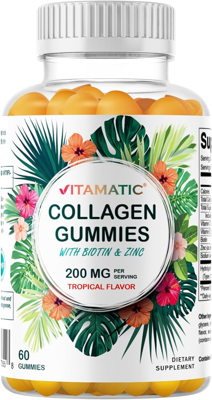 Vitamatic 2 Packs Hydrolyzed Collagen Gummies with Vitamin C, Zinc and Biotin, 200 mg - 60 Gummies (Total 120 Count)