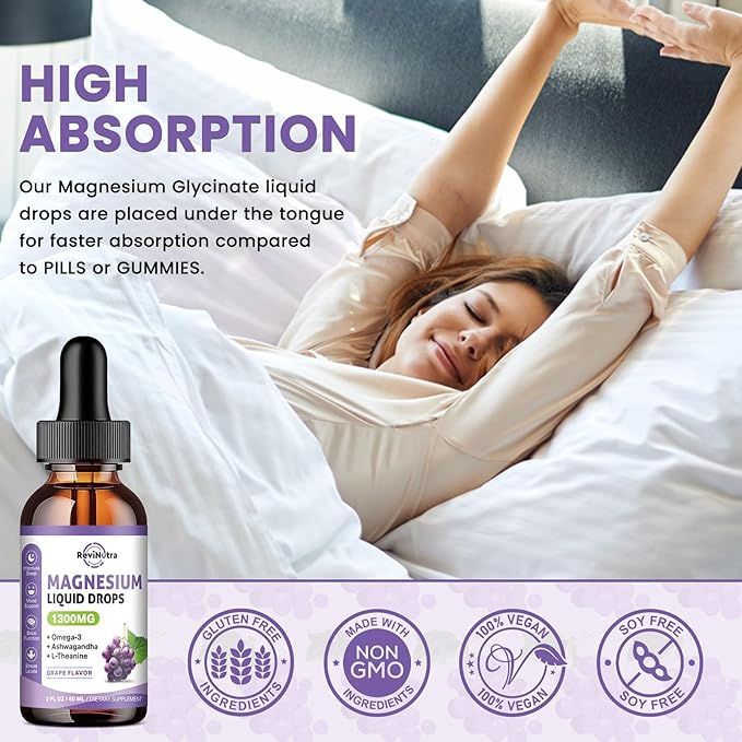 2 Pack Magnesium Liquid Drops, Calm Magnesium Glycinate Liquid Drops with Taurate & Citrate, Potassium, Omega3, L-Theanine, Ashwagandha, D3, B6, B12 for Sleep, Muscle, Heart, Sugar-Free Grape Flavor