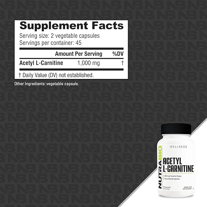 NutraBio Acetyl L-Carnitine (ALCAR) Supplement, 500mg - Support Natural Energy Production, Metabolic Management, and Overall Health, 90 Capsules