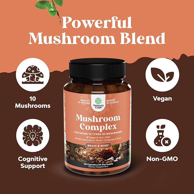 Advanced Mushroom Complex Capsules - 10X Lions Mane Supplement Capsules with Reishi, Chaga , Maitake & Shiitake for Brain Health, Memory Support & Focus - Nootropic for Mental Clarity - 30 Caps